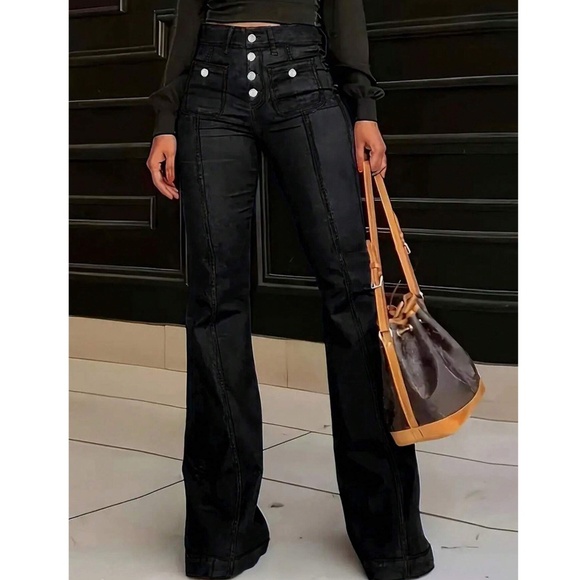 Dark Wash High waisted Button Fly Flared Leg Denim Jeans Pants - Picture 9 of 11